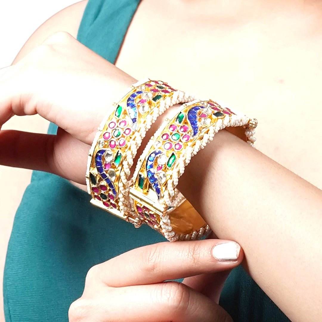 Gold Plated Bangles With Pearls (Set of 2) - Auraa Trends