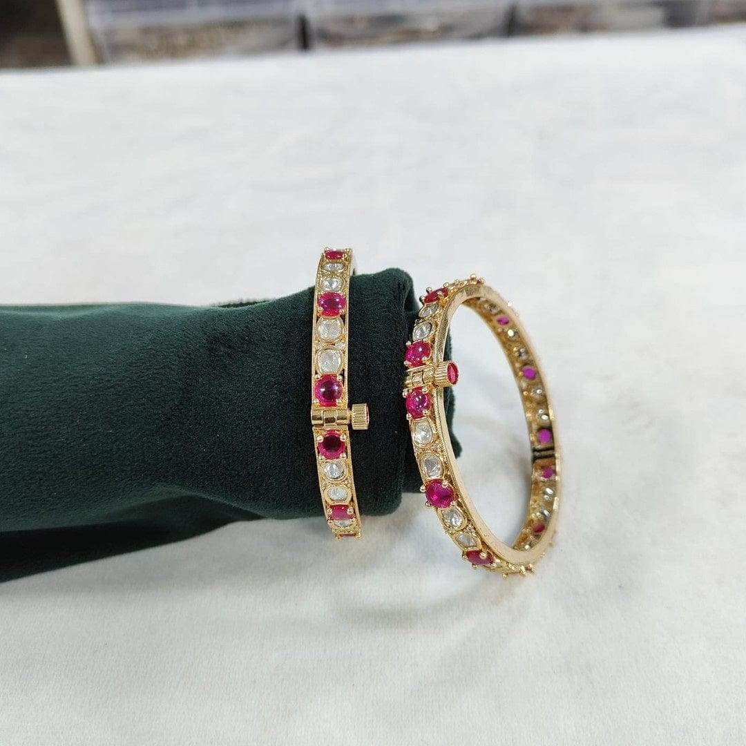 Gold-Plated Bangles with Pink and White Stones - Auraa Trends