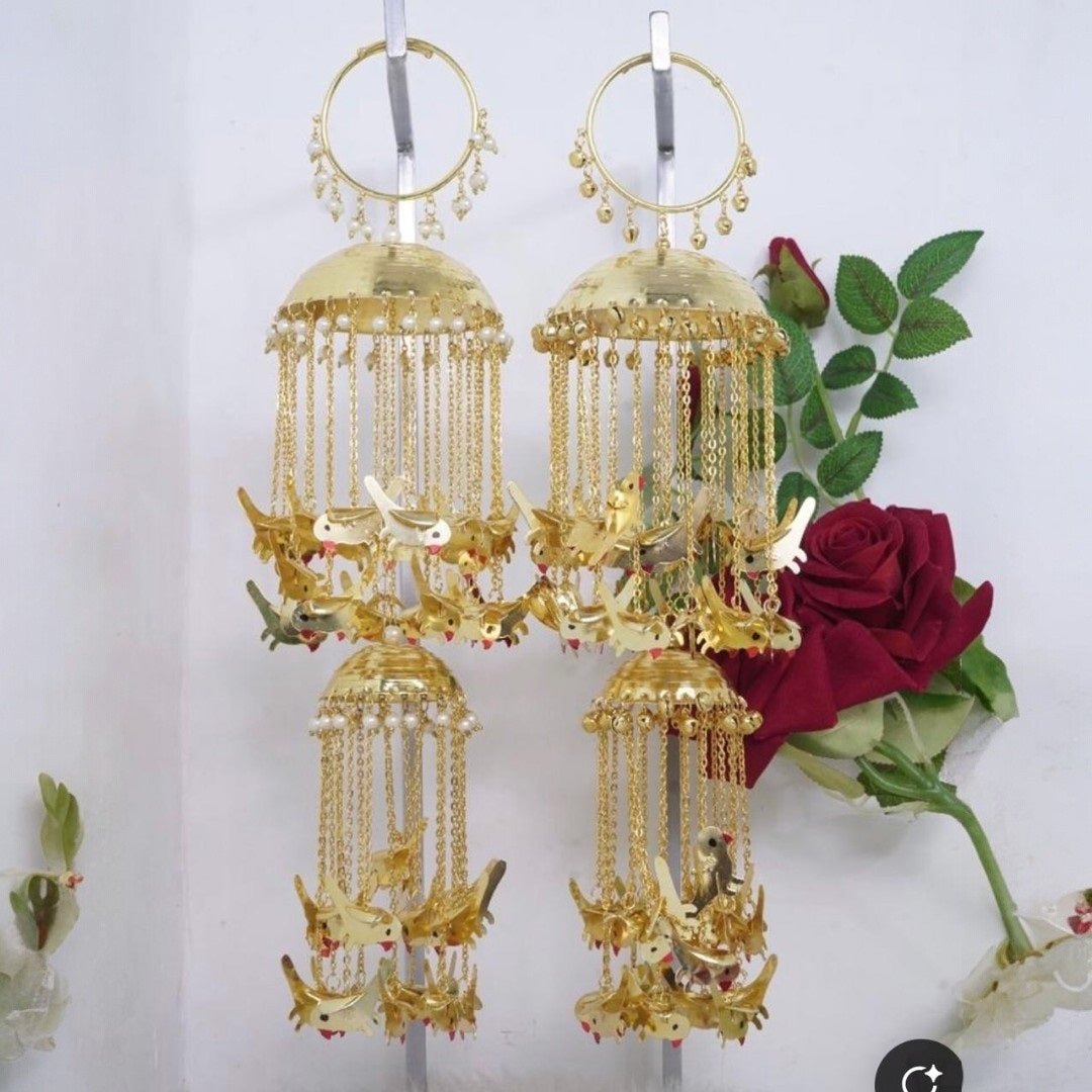 Gold Plated Bird Design Bridal Kaleera with Pearl Chains for Wedding & Festive Wear - Auraa Trends - Kaleere - - Auraa Trends - "Gold - plated bridal kaleera with bird motifs and hanging pearl chains for traditional Indian weddings"