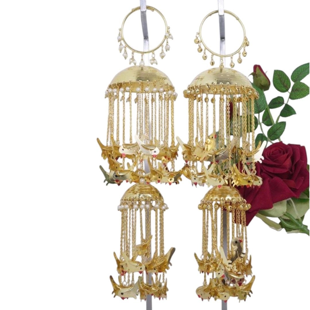 Gold Plated Bird Design Bridal Kaleera with Pearl Chains for Wedding & Festive Wear - Auraa Trends - Kaleere - - Auraa Trends - "Gold - plated bridal kaleera with bird motifs and hanging pearl chains for traditional Indian weddings"