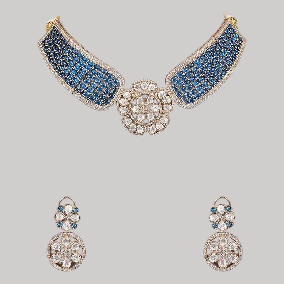 Gold-Plated Blue Stone Encrusted Choker Necklace Set with Floral Earrings - Auraa Trends