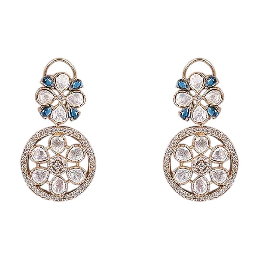 Gold-Plated Blue Stone Encrusted Choker Necklace Set with Floral Earrings - Auraa Trends