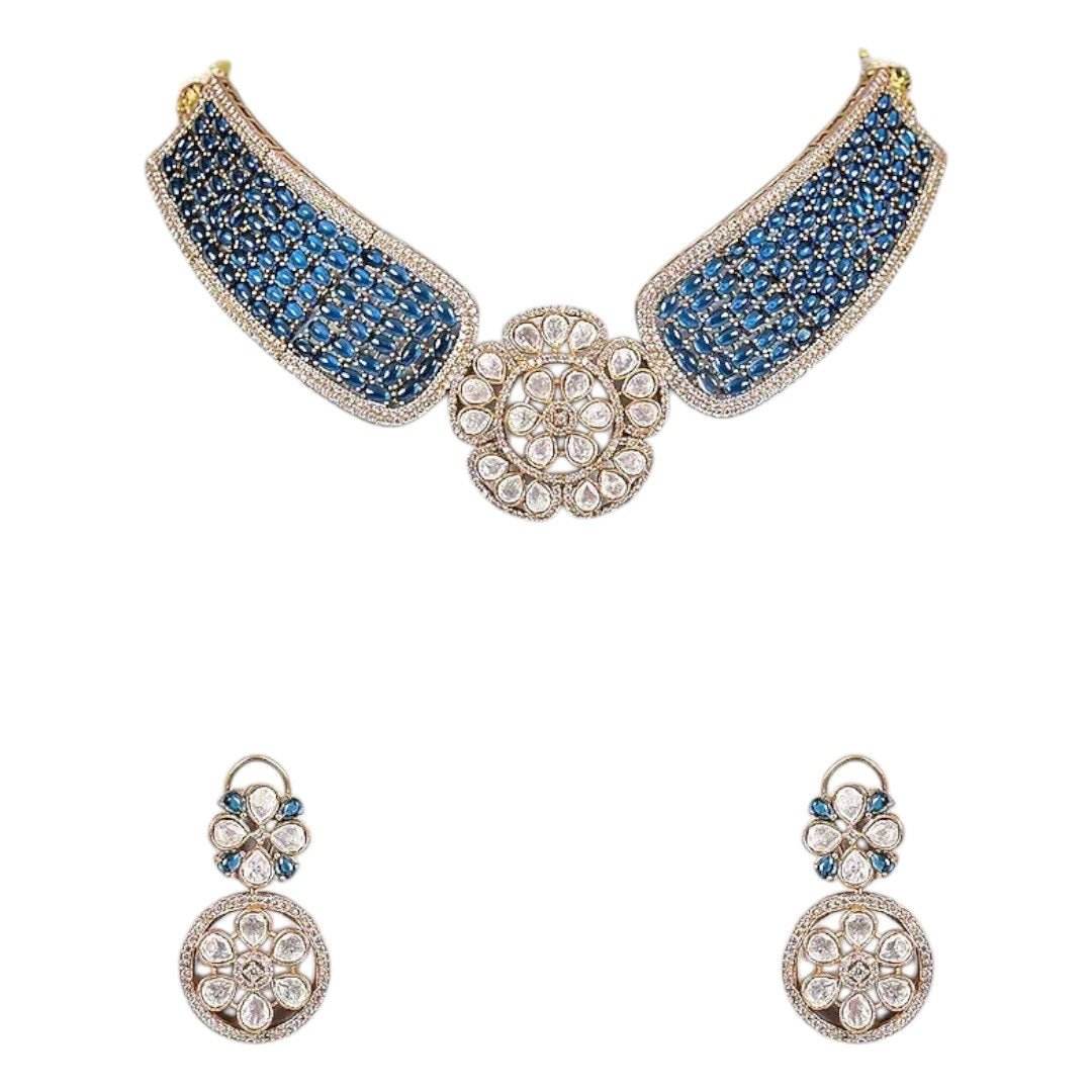 Gold-Plated Blue Stone Encrusted Choker Necklace Set with Floral Earrings - Auraa Trends