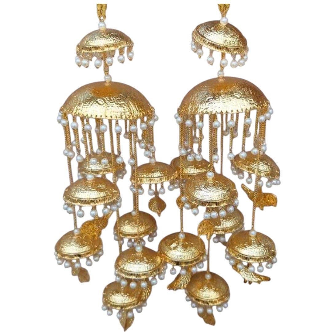 Gold Plated Bridal Kaleera with Dome - Shaped Jhumkas & Pearl Tassels for Women - Auraa Trends - Kaleere - - Auraa Trends - Gold - plated bridal kaleera with dome - shaped jhumkas and pearl danglings for traditional Indian weddings"