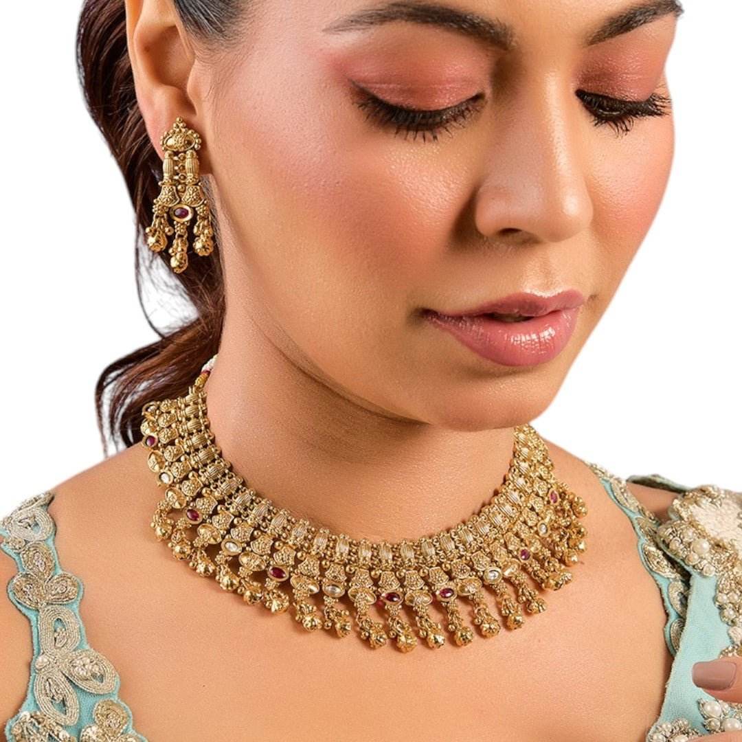 Gold-Plated Bridal Necklace Set with Ruby Accents and Earrings - Auraa Trends