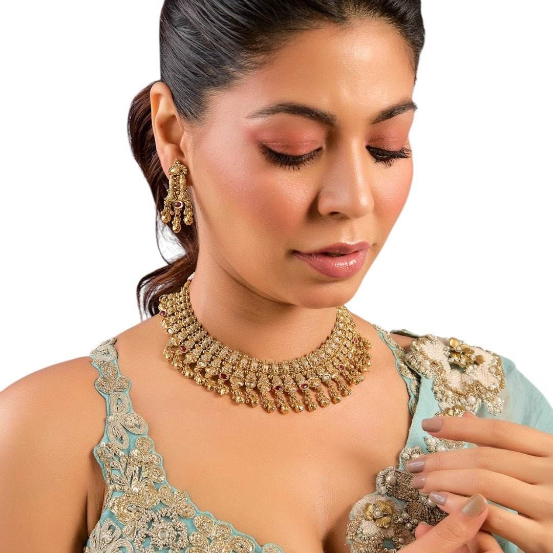 Gold-Plated Bridal Necklace Set with Ruby Accents and Earrings - Auraa Trends