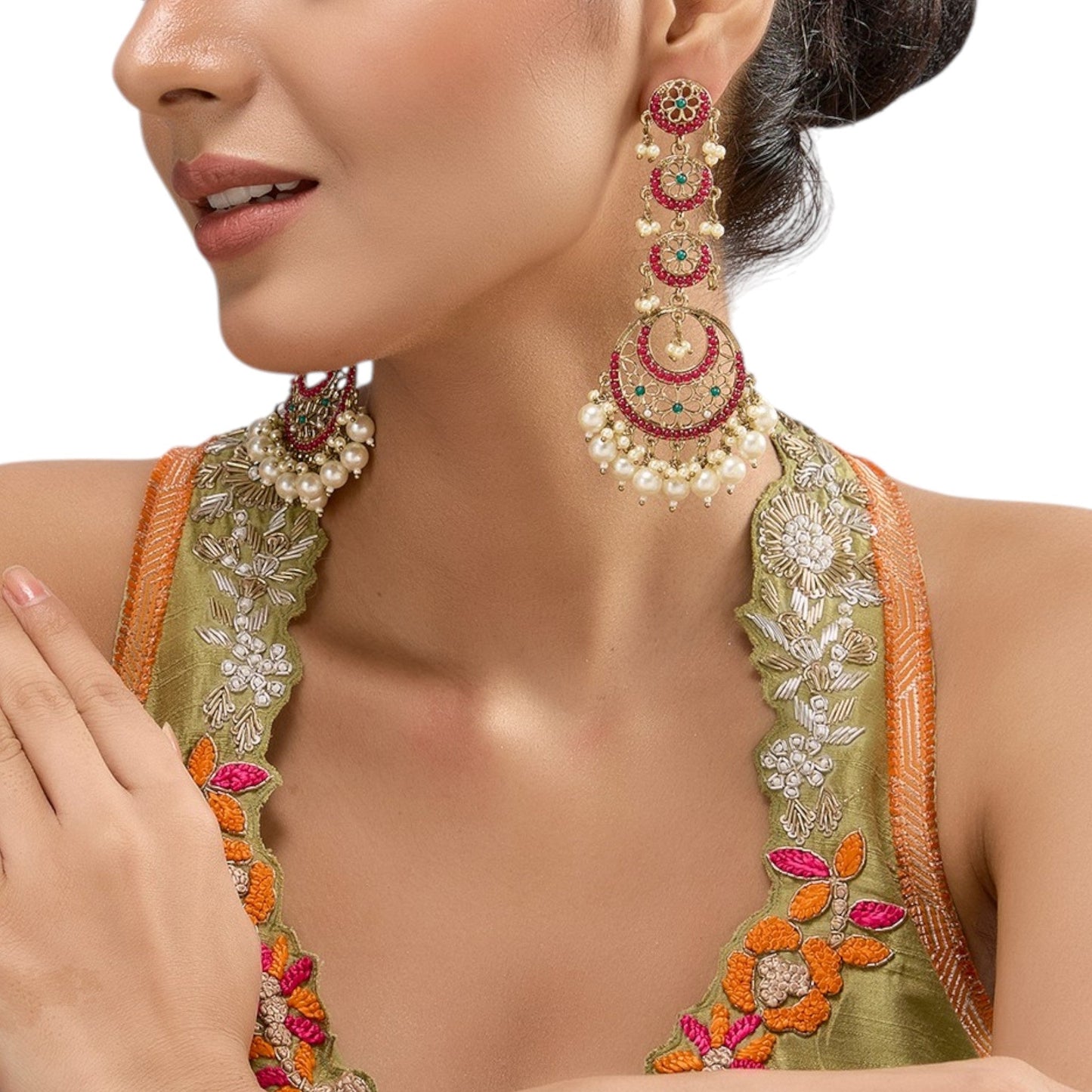 Gold - Plated Chandbali Earrings with Pink Floral Motifs & Pearl Drops - Auraa Trends - - Auraa Trends - Gold - plated ethnic earrings with pink floral motifs, crescent drop design, and pearl danglings, perfect for festive and wedding wear."