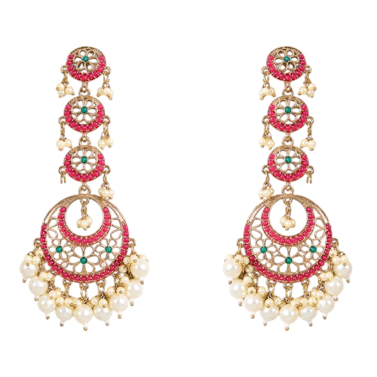 Gold - Plated Chandbali Earrings with Pink Floral Motifs & Pearl Drops - Auraa Trends - - Auraa Trends - Gold - plated ethnic earrings with pink floral motifs, crescent drop design, and pearl danglings, perfect for festive and wedding wear."