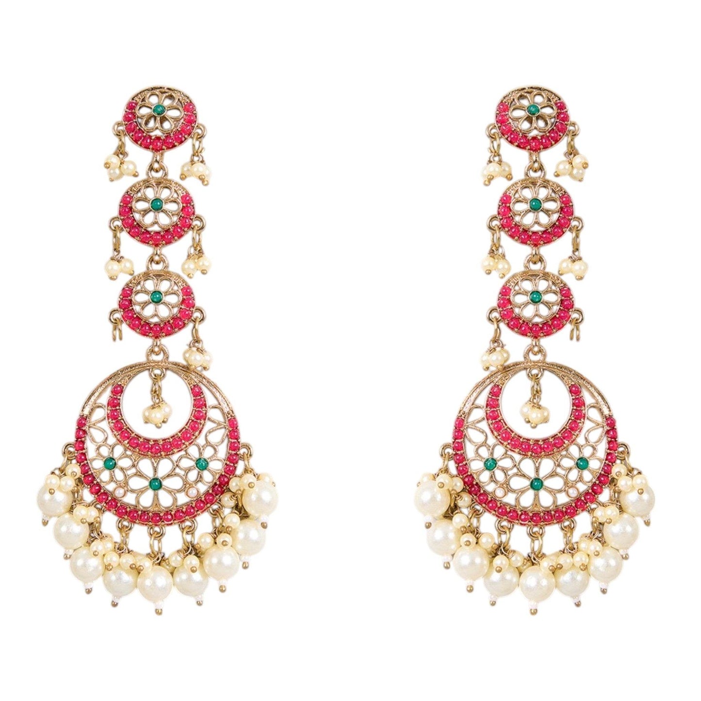 Gold-Plated Chandbali Earrings with Pink Floral Motifs & Pearl Drops - Auraa Trends