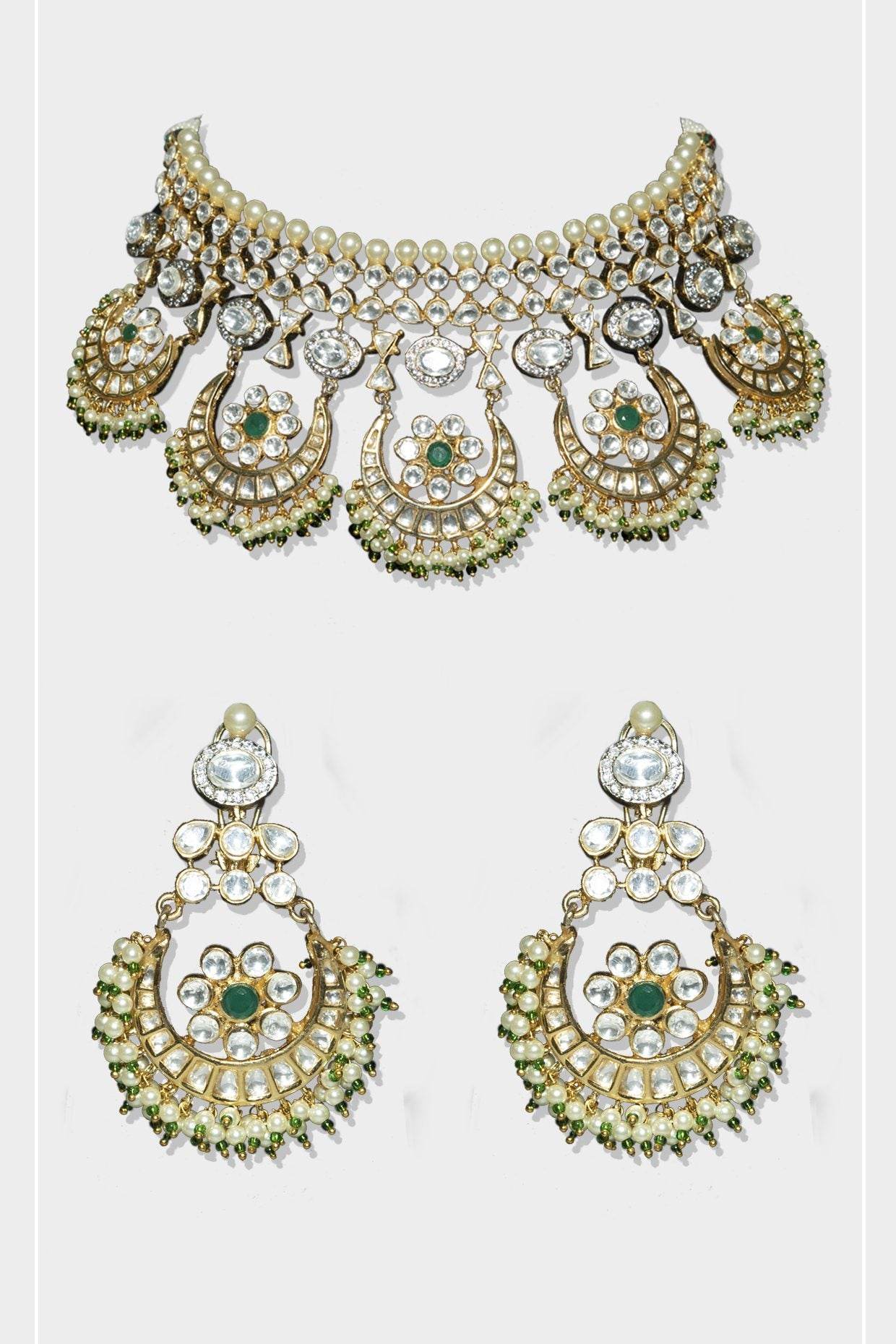 Gold-Plated Chandbali Necklace Set with Pearls and Green Accents - Auraa Trends