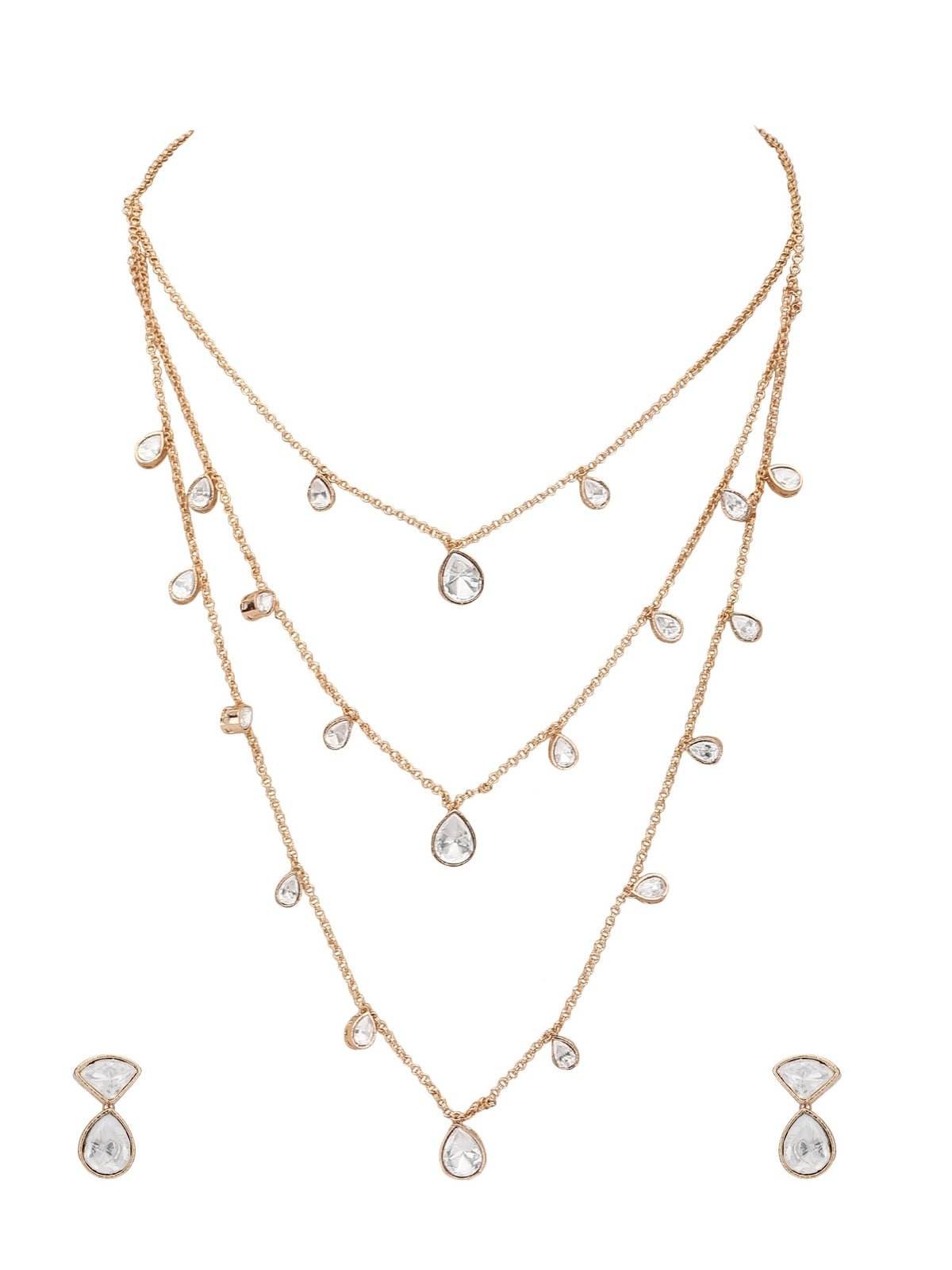 Gold-Plated Contemporary-Shaped 3-Layer Necklace and Earrings - Auraa Trends