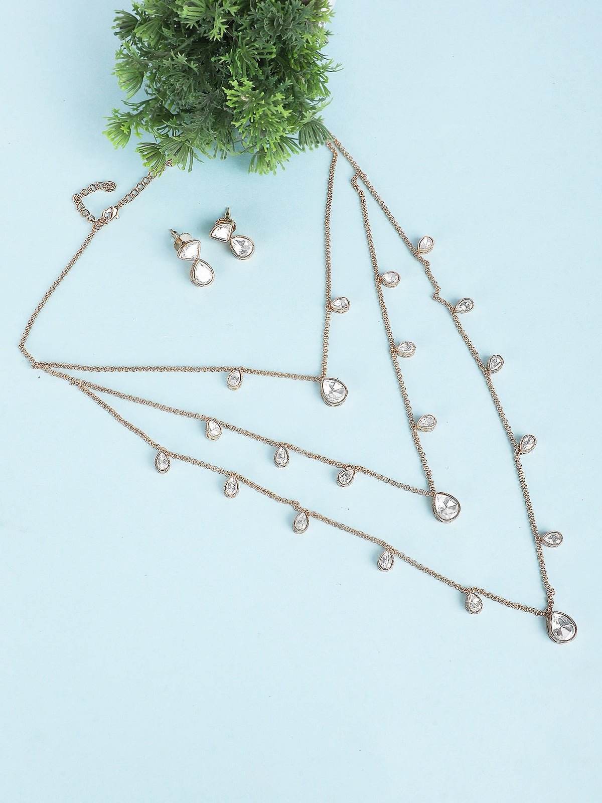 Gold-Plated Contemporary-Shaped 3-Layer Necklace and Earrings - Auraa Trends