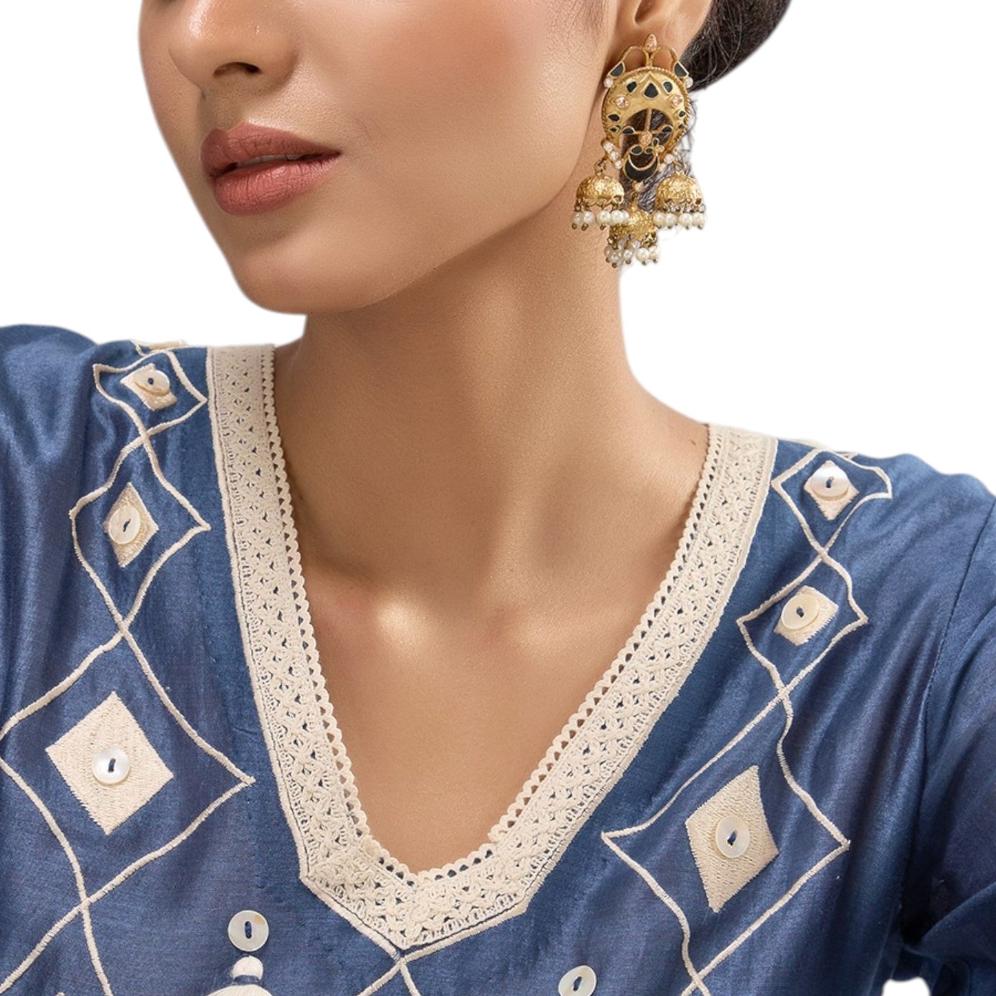 Gold - Plated Crescent Earrings with Black Enamel & Triple Jhumka Drops - Auraa Trends - Earrings - - Auraa Trends - "Gold - plated ethnic earrings with black enamel detailing, crescent design, and triple jhumka pearl drops, ideal for weddings and festive occasions."