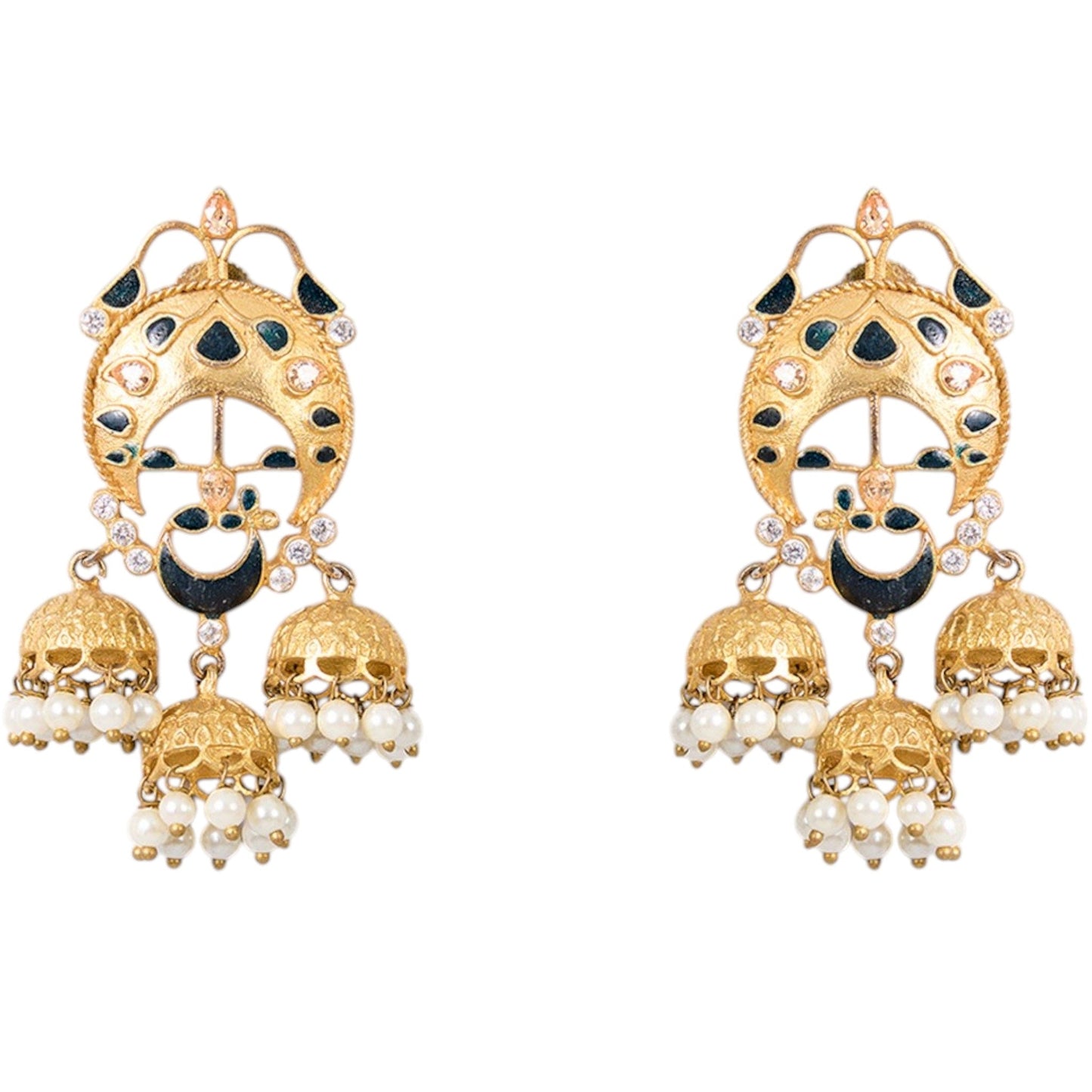 Gold - Plated Crescent Earrings with Black Enamel & Triple Jhumka Drops - Auraa Trends - Earrings - - Auraa Trends - "Gold - plated ethnic earrings with black enamel detailing, crescent design, and triple jhumka pearl drops, ideal for weddings and festive occasions."
