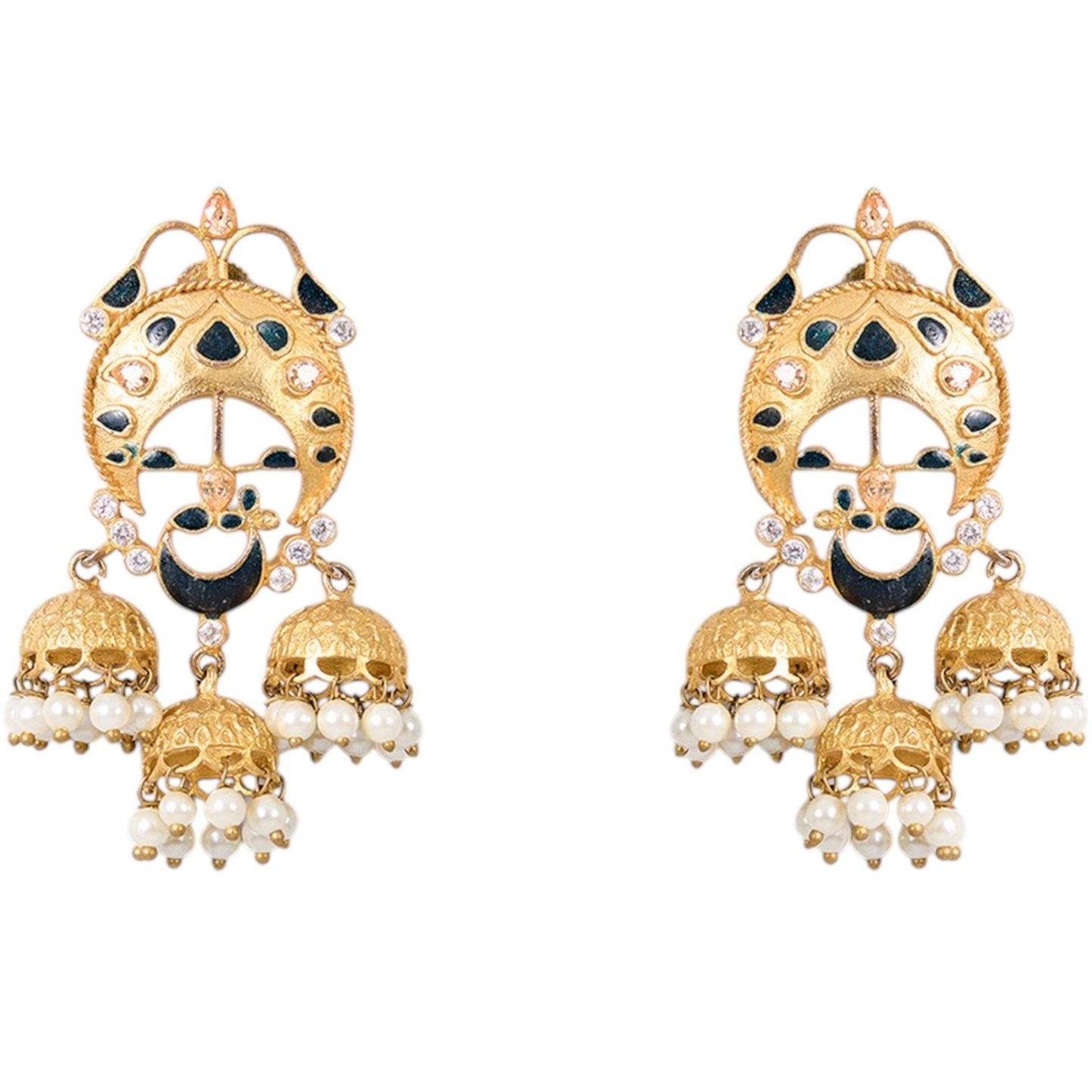 Gold-Plated Crescent Earrings with Black Enamel & Triple Jhumka Drops - Auraa Trends