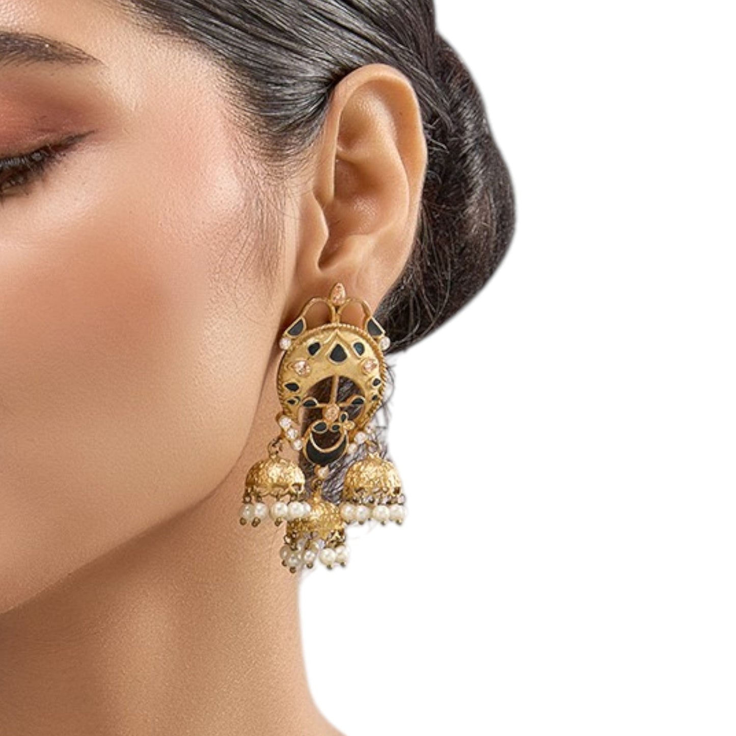 Gold - Plated Crescent Earrings with Black Enamel & Triple Jhumka Drops - Auraa Trends - Earrings - - Auraa Trends - "Gold - plated ethnic earrings with black enamel detailing, crescent design, and triple jhumka pearl drops, ideal for weddings and festive occasions."
