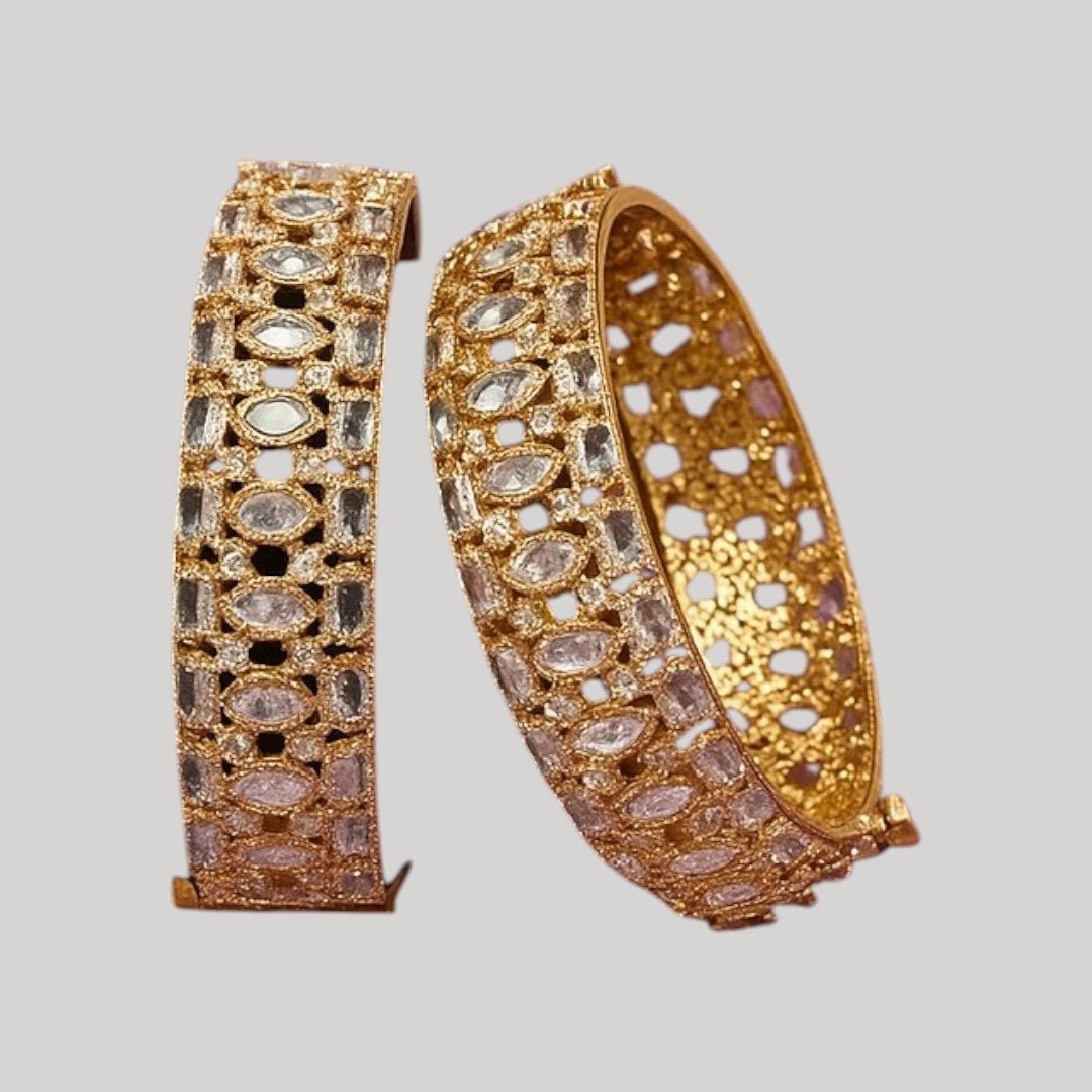 Gold - Plated Designer Bangles with Oval & Round White CZ Stones - Auraa Trends - Bangles - - Auraa Trends - Gold - Plated Designer Bangles with Oval & Round White CZ Stones