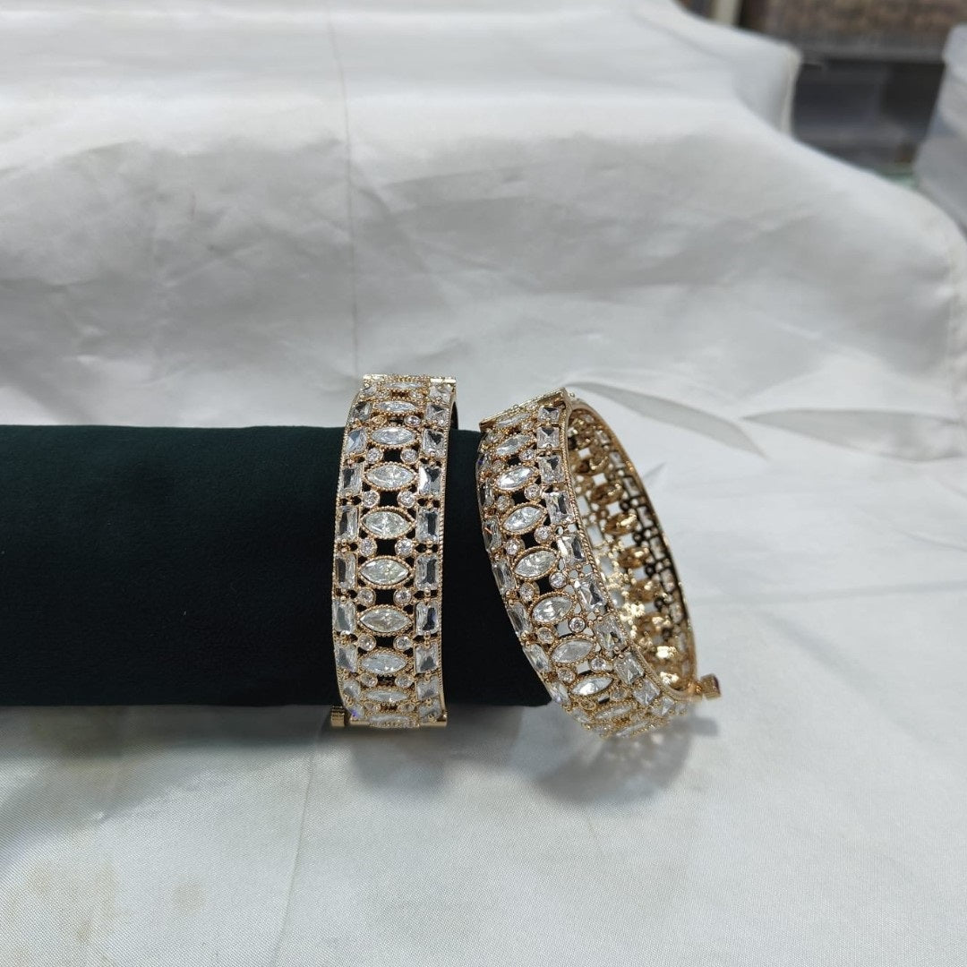 Gold - Plated Designer Bangles with Oval & Round White CZ Stones - Auraa Trends - Bangles - - Auraa Trends - Gold - Plated Designer Bangles with Oval & Round White CZ Stones