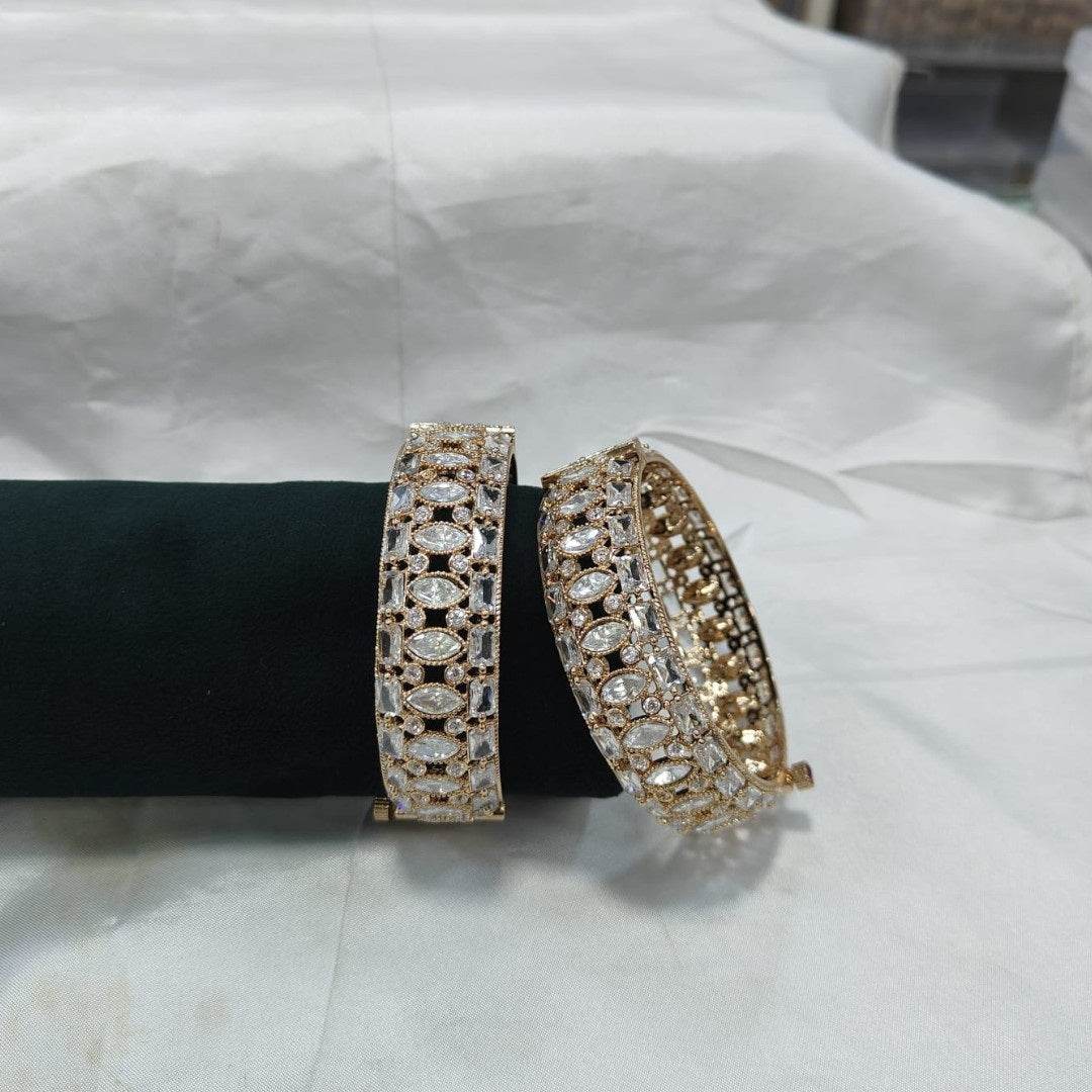 Gold-Plated Designer Bangles with Oval & Round White CZ Stones - Auraa Trends