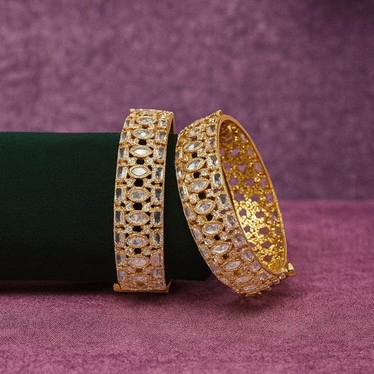 Gold-Plated Designer Bangles with Oval & Round White CZ Stones - Auraa Trends