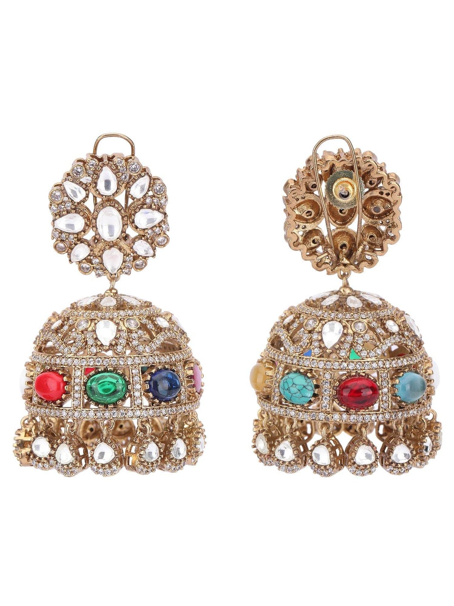 Gold Plated Dome Shaped Stone Studded Jhumka earrings set - Auraa Trends