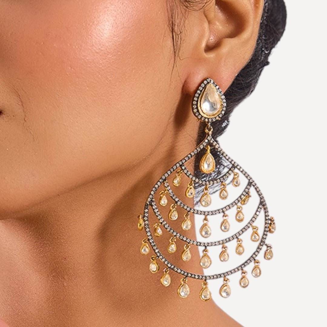Gold Plated Fan-Shaped Chandbali Party Statement Earrings - Auraa Trends