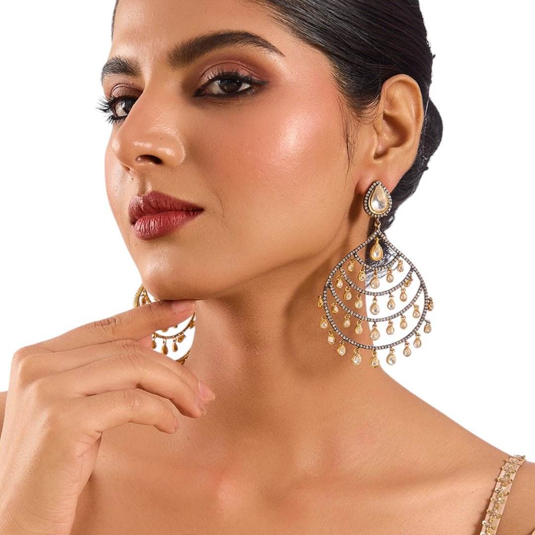 Gold Plated Fan-Shaped Chandbali Party Statement Earrings - Auraa Trends