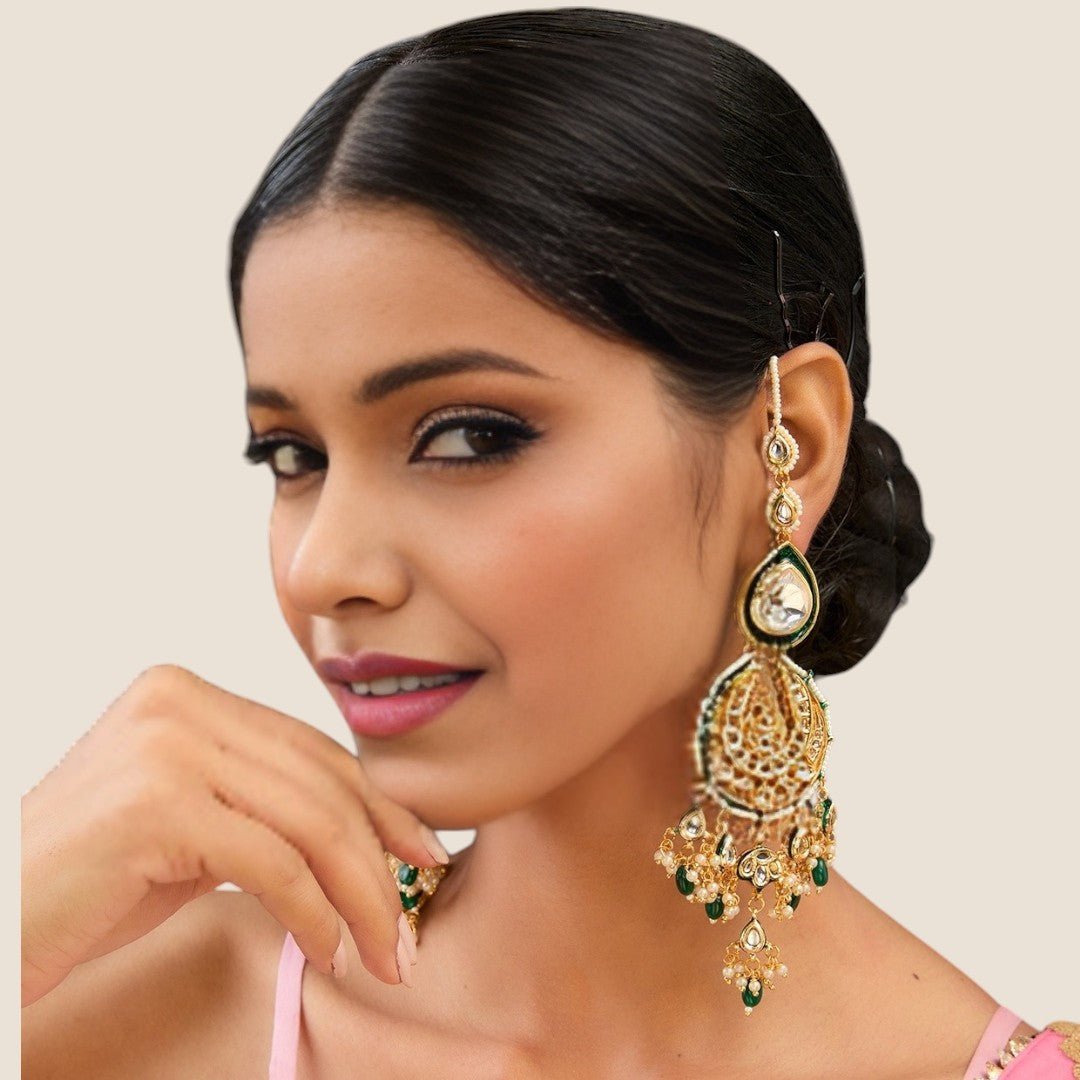 Gold - Plated Floral Earrings Chandbaali Earrings With Kaan Chain - Auraa Trends - Kaan chain - # - Auraa Trends - Gold - Plated Floral Earrings Chandbaali Earrings With Kaan Chain