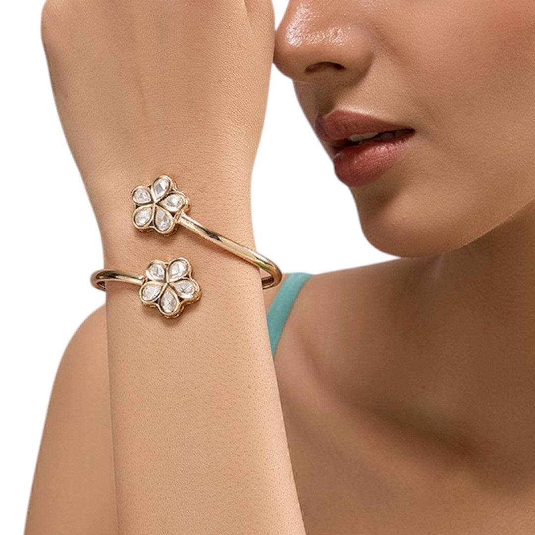 Gold-Plated Floral Kundan Open Bangle Bracelet for Women - Auraa Trends