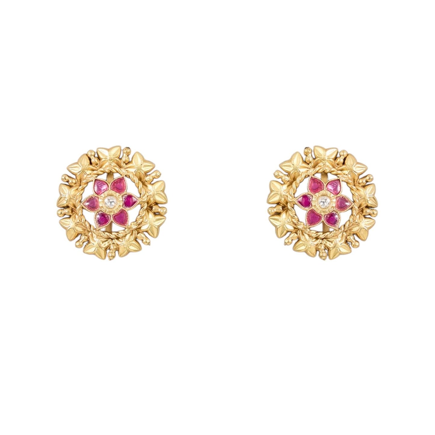 Gold-Plated Floral Stud Earrings with Ruby Accents - Auraa Trends