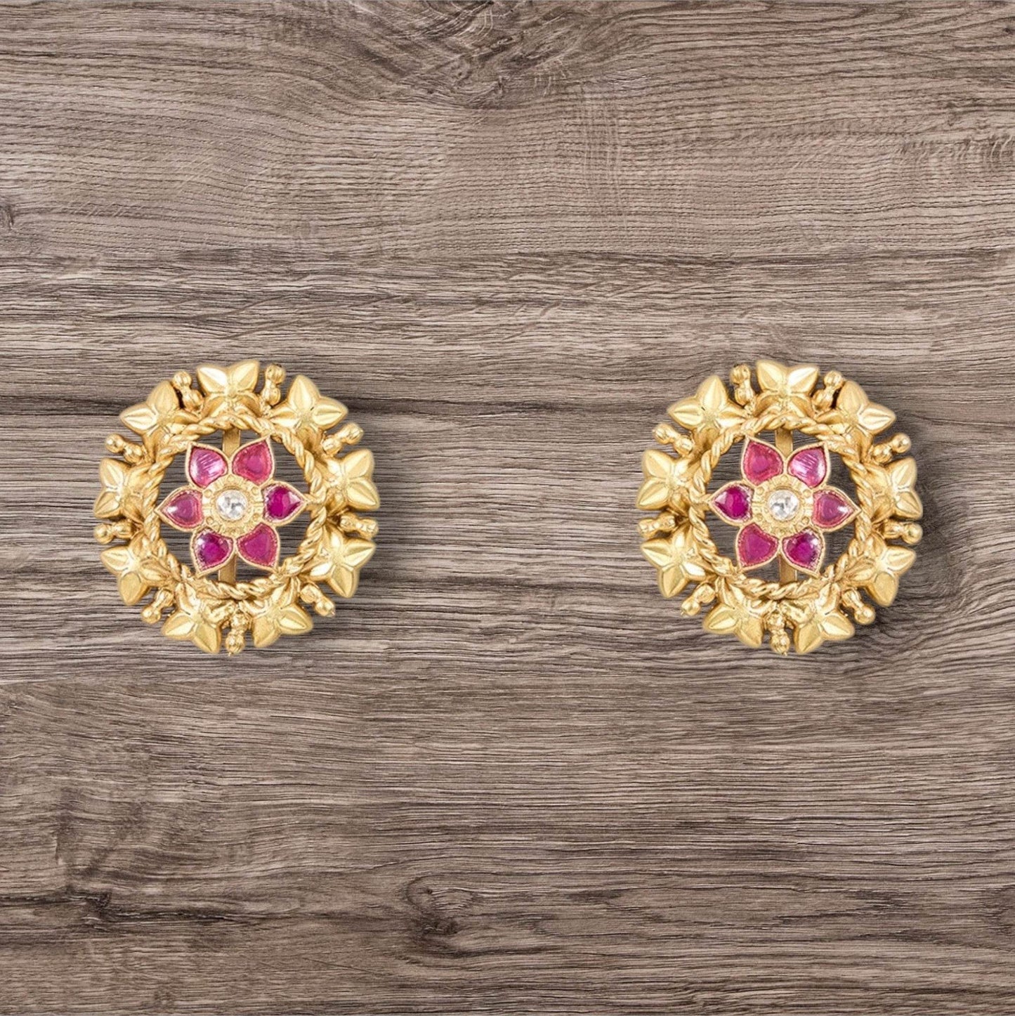 Gold-Plated Floral Stud Earrings with Ruby Accents - Auraa Trends