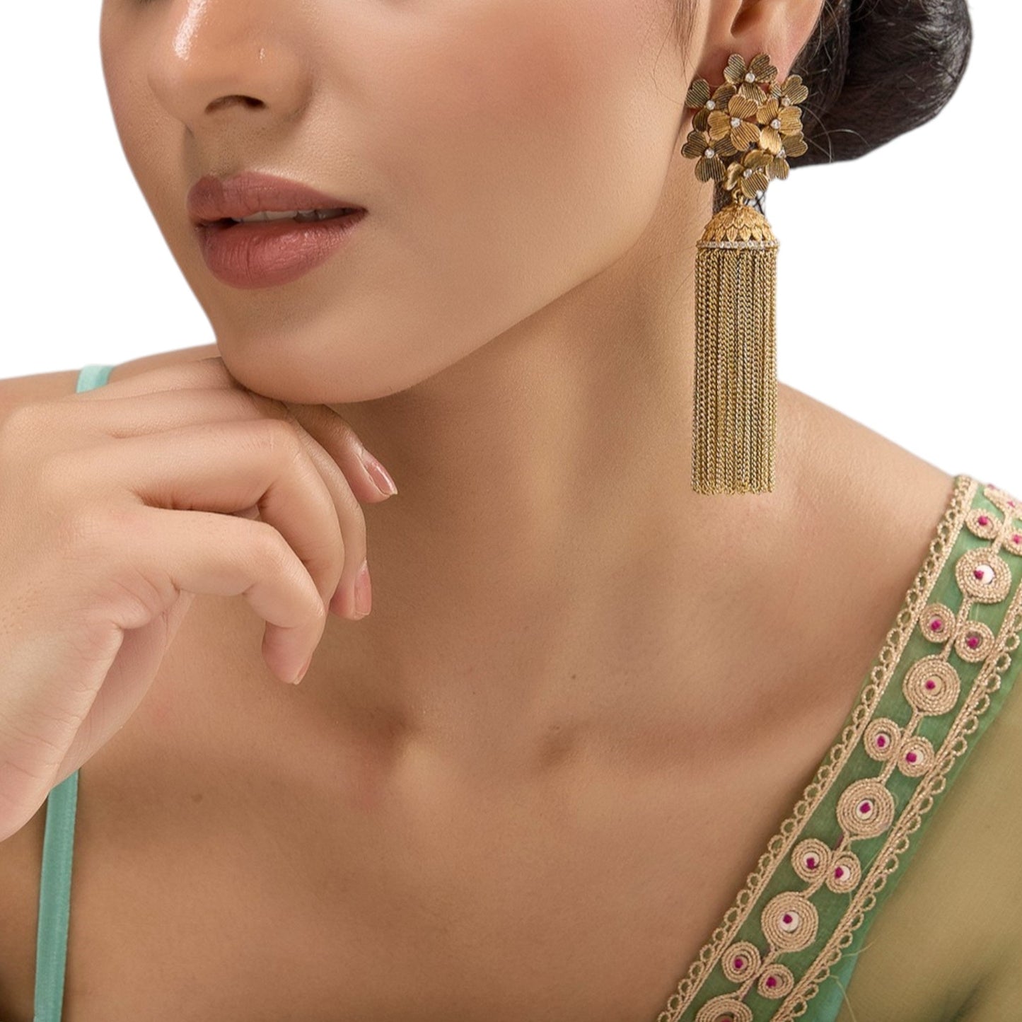 Gold - Plated Floral Tassel Earrings for Women Long Chain Drop Statement Danglers - Auraa Trends - Earrings - - Auraa Trends - "Gold - plated long tassel earrings with floral motif and textured dome top, featuring chain drop design ideal for festive and cocktail wear."