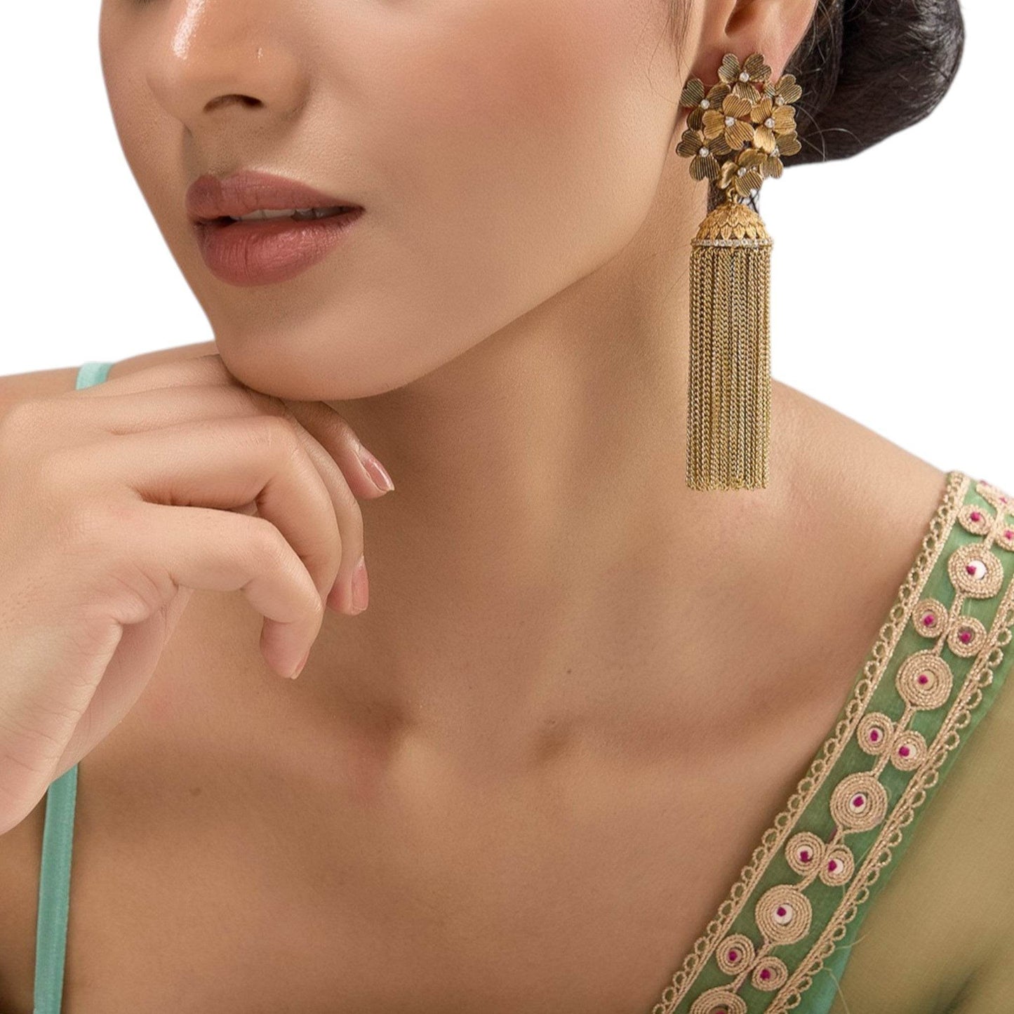 Gold-Plated Floral Tassel Earrings for Women Long Chain Drop Statement Danglers - Auraa Trends