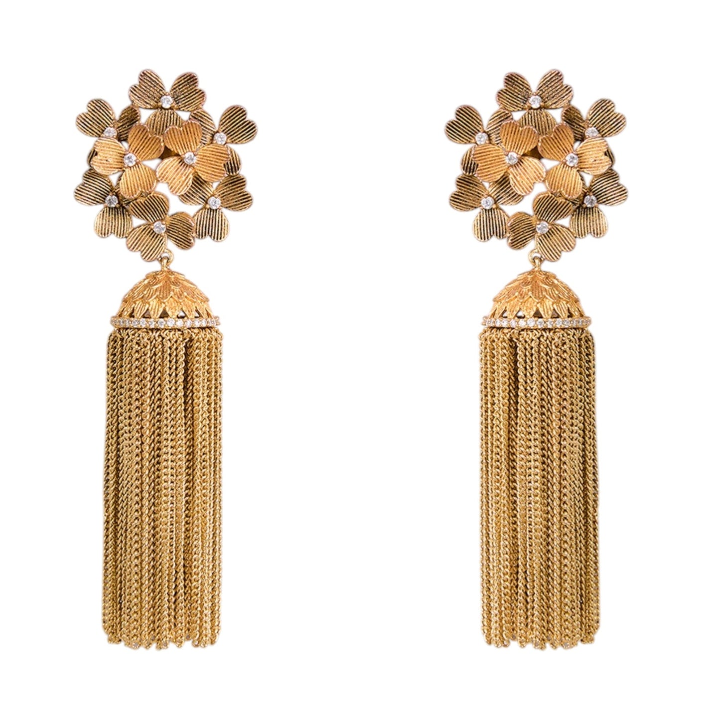 Gold - Plated Floral Tassel Earrings for Women Long Chain Drop Statement Danglers - Auraa Trends - Earrings - - Auraa Trends - "Gold - plated long tassel earrings with floral motif and textured dome top, featuring chain drop design ideal for festive and cocktail wear."