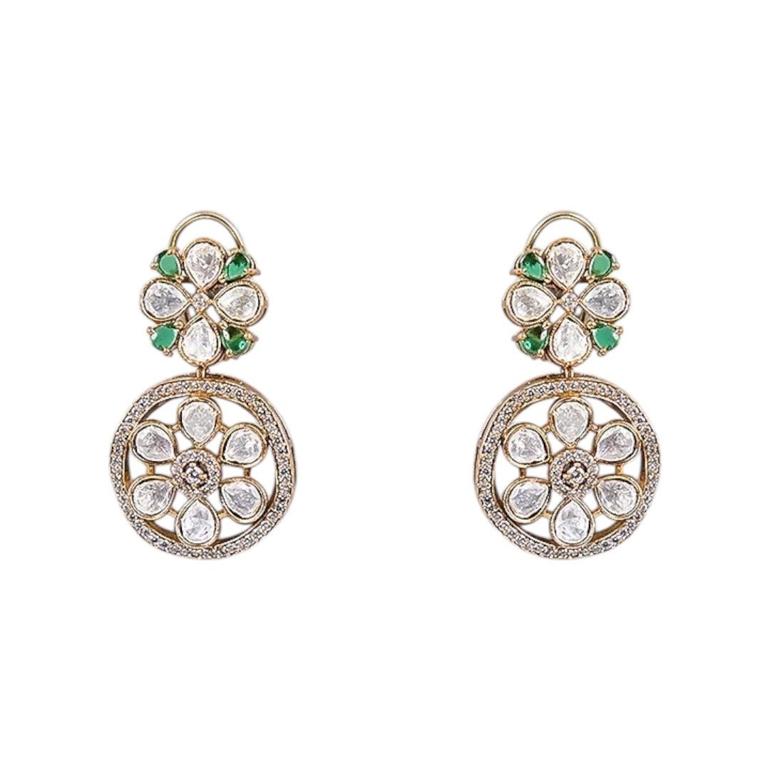 Gold - Plated Green Beaded Kundan Floral Choker Necklace Set with Earrings - Auraa Trends - Necklace Set - - Auraa Trends - Woman wearing gold - plated green kundan floral choker necklace set with earrings