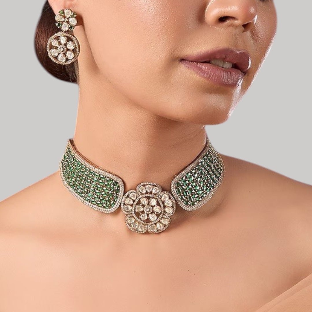 Gold - Plated Green Beaded Kundan Floral Choker Necklace Set with Earrings - Auraa Trends - Necklace Set - - Auraa Trends - Woman wearing gold - plated green kundan floral choker necklace set with earrings
