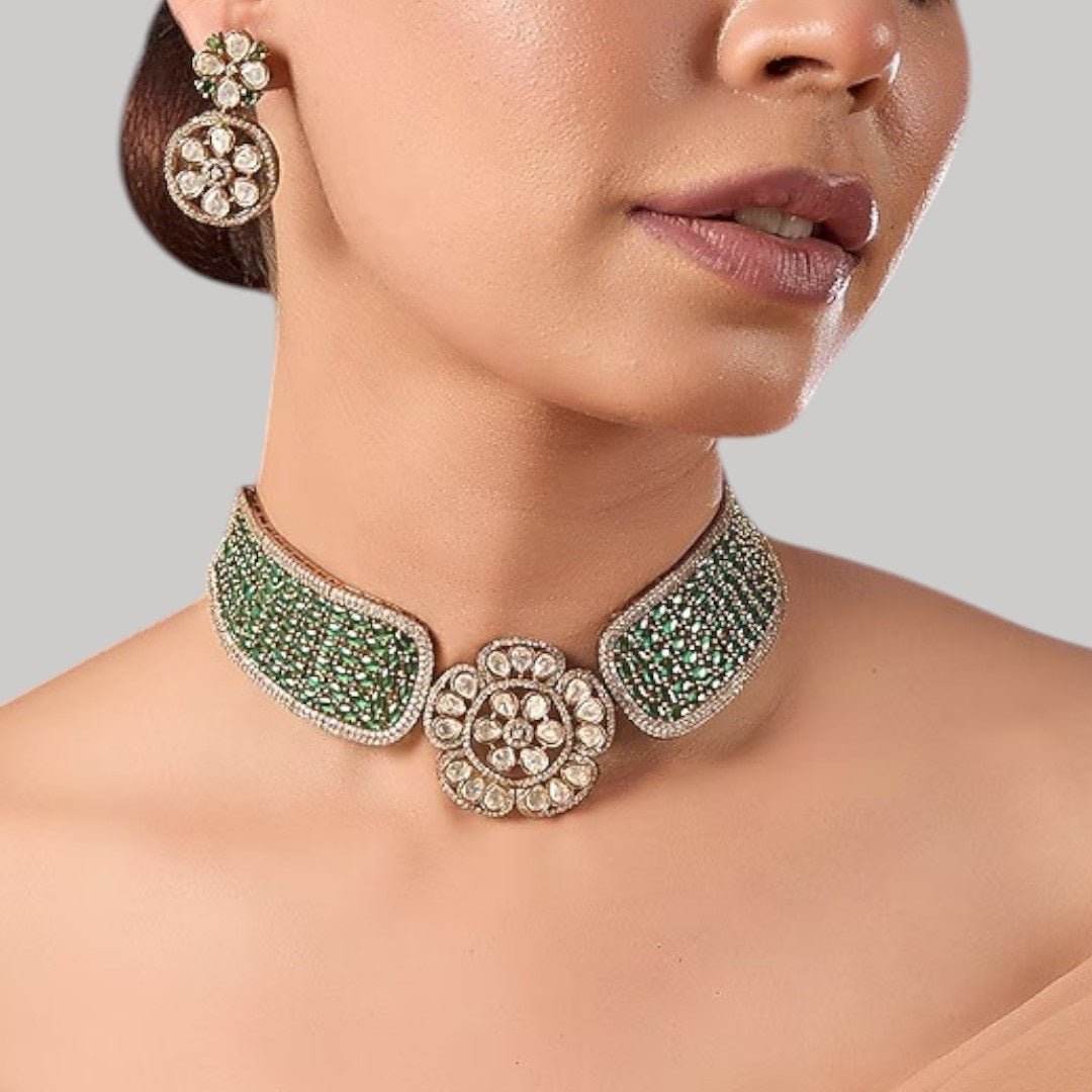 Gold-Plated Green Beaded Kundan Floral Choker Necklace Set with Earrings - Auraa Trends