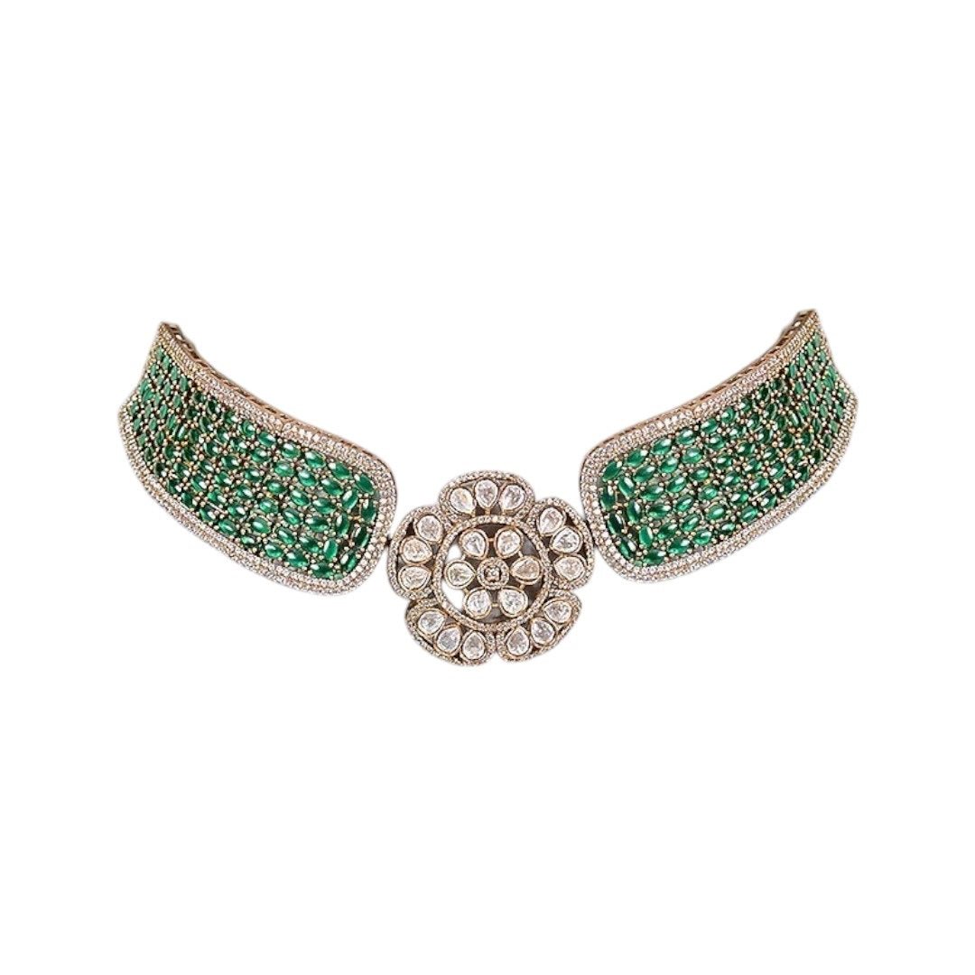 Gold - Plated Green Beaded Kundan Floral Choker Necklace Set with Earrings - Auraa Trends - Necklace Set - - Auraa Trends - Woman wearing gold - plated green kundan floral choker necklace set with earrings