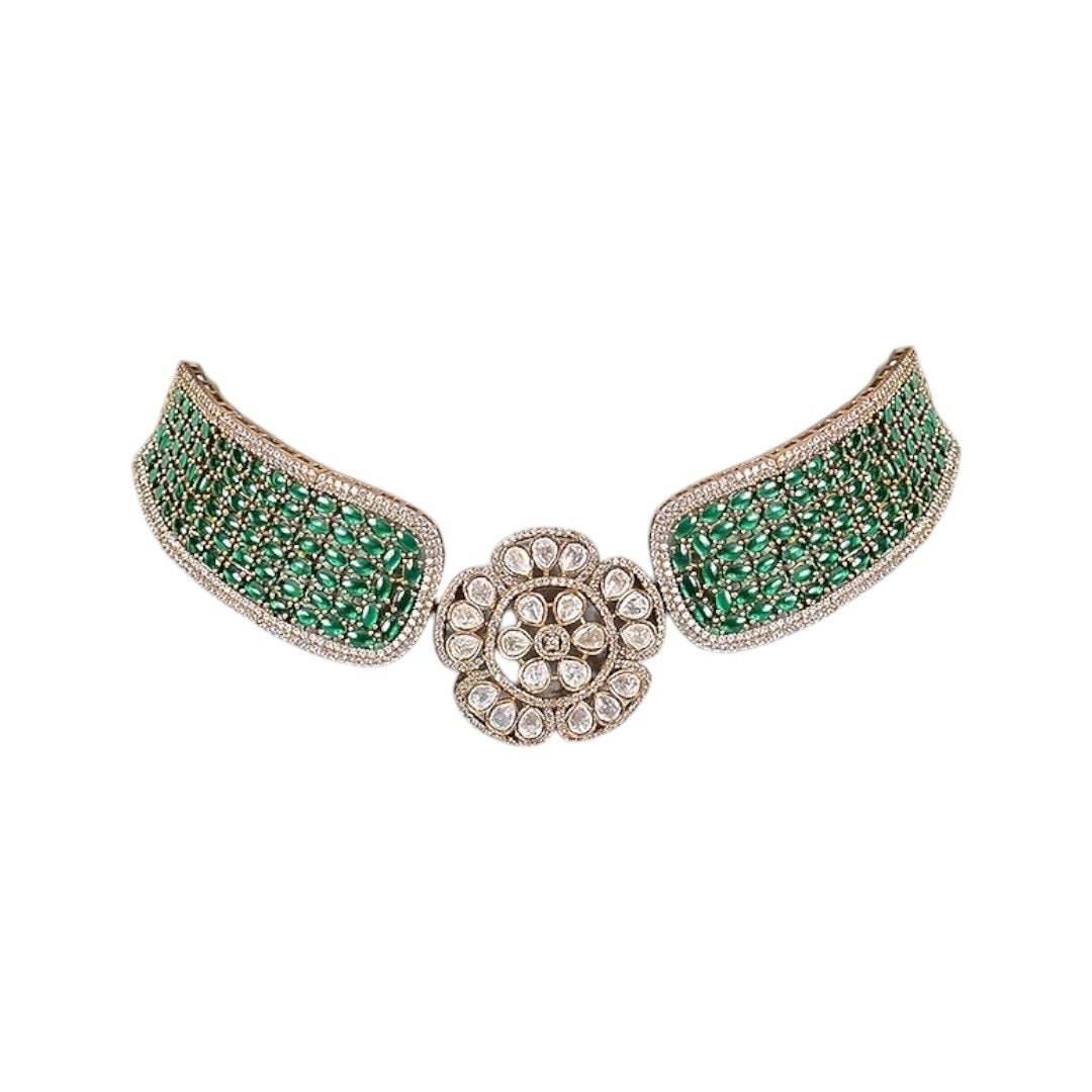 Gold-Plated Green Beaded Kundan Floral Choker Necklace Set with Earrings - Auraa Trends