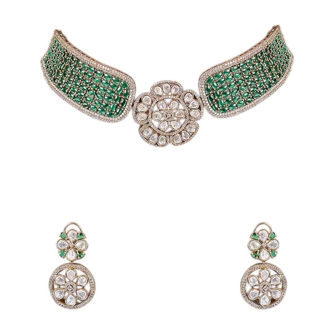 Gold - Plated Green Beaded Kundan Floral Choker Necklace Set with Earrings - Auraa Trends - Necklace Set - - Auraa Trends - Woman wearing gold - plated green kundan floral choker necklace set with earrings