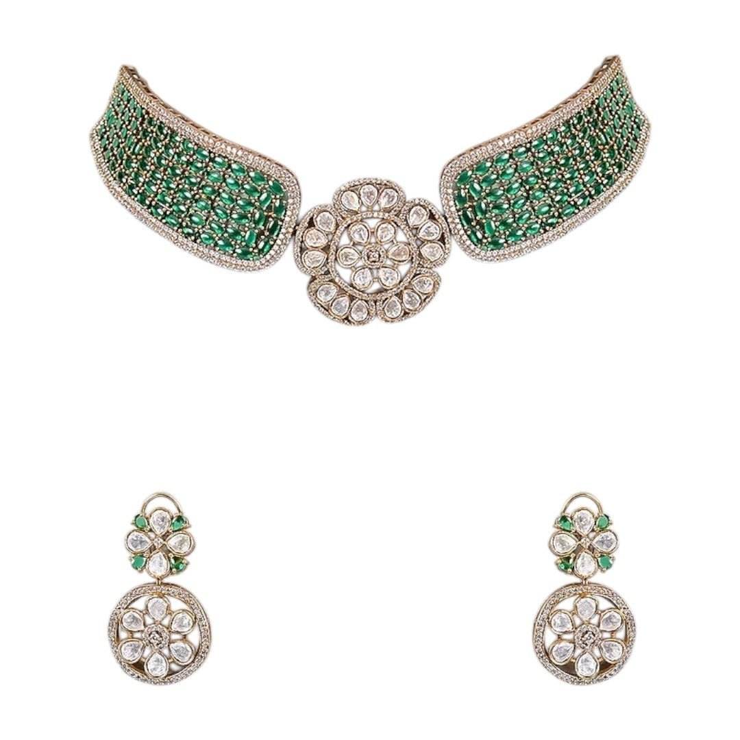 Gold-Plated Green Beaded Kundan Floral Choker Necklace Set with Earrings - Auraa Trends