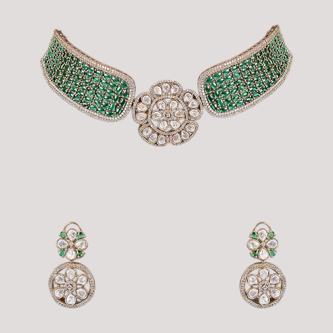 Gold - Plated Green Beaded Kundan Floral Choker Necklace Set with Earrings - Auraa Trends - Necklace Set - - Auraa Trends - Woman wearing gold - plated green kundan floral choker necklace set with earrings