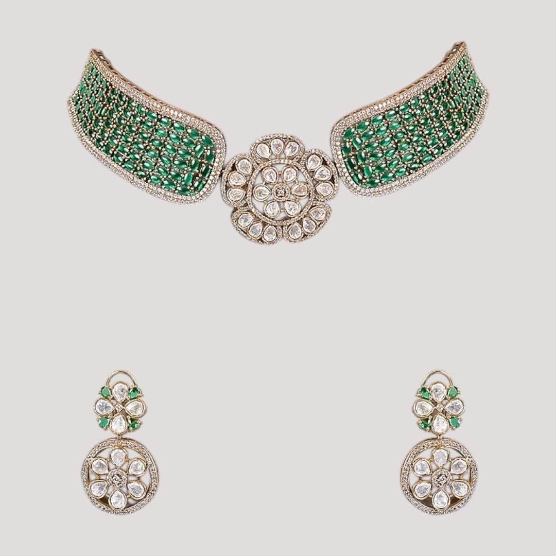 Gold-Plated Green Beaded Kundan Floral Choker Necklace Set with Earrings - Auraa Trends