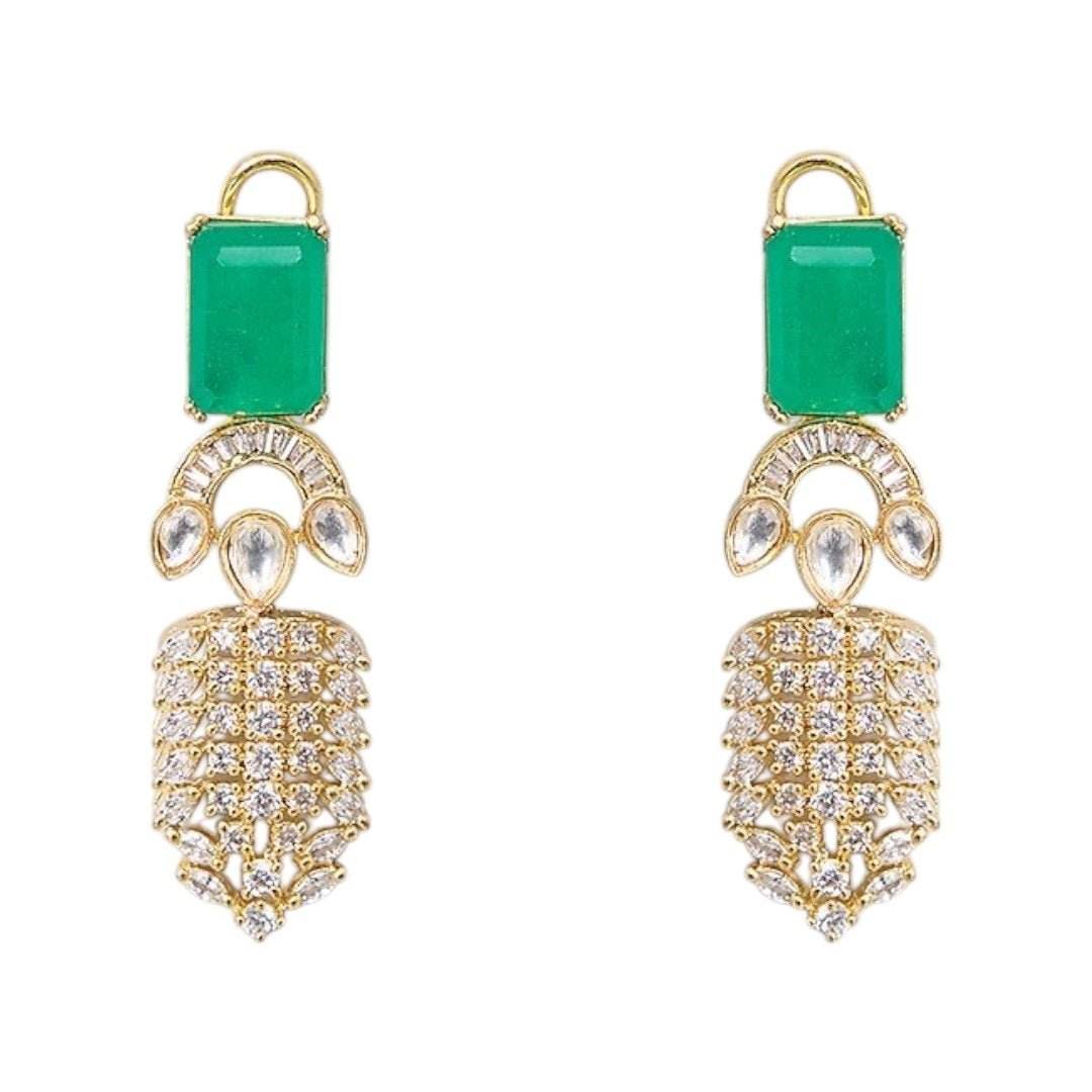 Gold-Plated Green Stone & CZ Diamond Look Choker Necklace Set with Earrings for Women - Auraa Trends