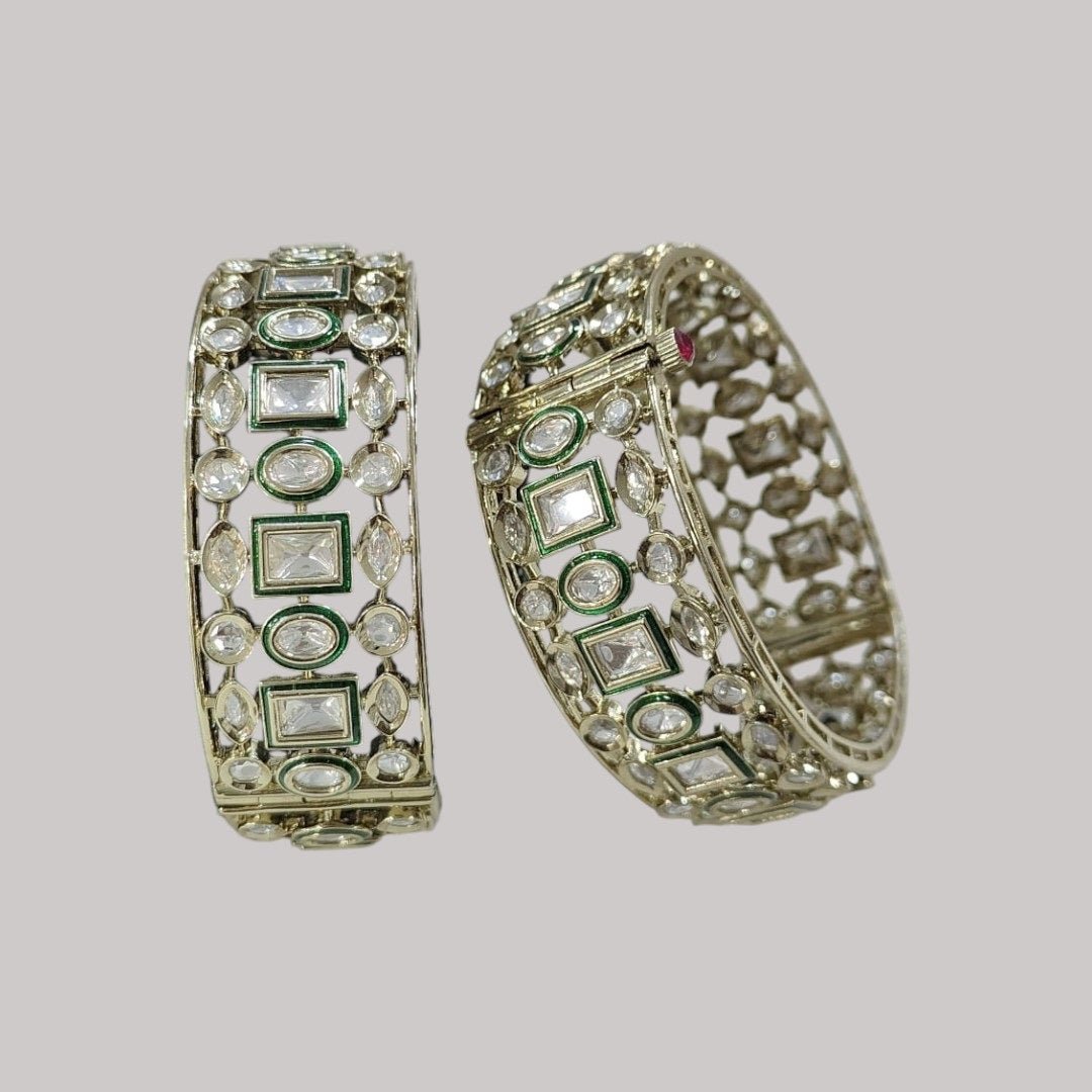 Gold - Plated Green & White Kundan Bangles with Geometric Detailing - Auraa Trends - Bangles - - Auraa Trends - Traditional gold - plated green and white kundan bangles with square and oval stone design, displayed on white background.β
