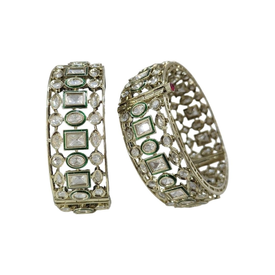 Gold - Plated Green & White Kundan Bangles with Geometric Detailing - Auraa Trends - Bangles - - Auraa Trends - Traditional gold - plated green and white kundan bangles with square and oval stone design, displayed on white background.β
