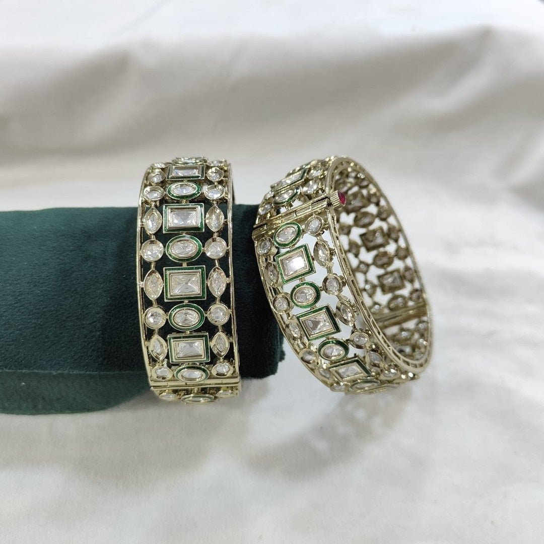 Gold - Plated Green & White Kundan Bangles with Geometric Detailing - Auraa Trends - Bangles - - Auraa Trends - Traditional gold - plated green and white kundan bangles with square and oval stone design, displayed on white background.β