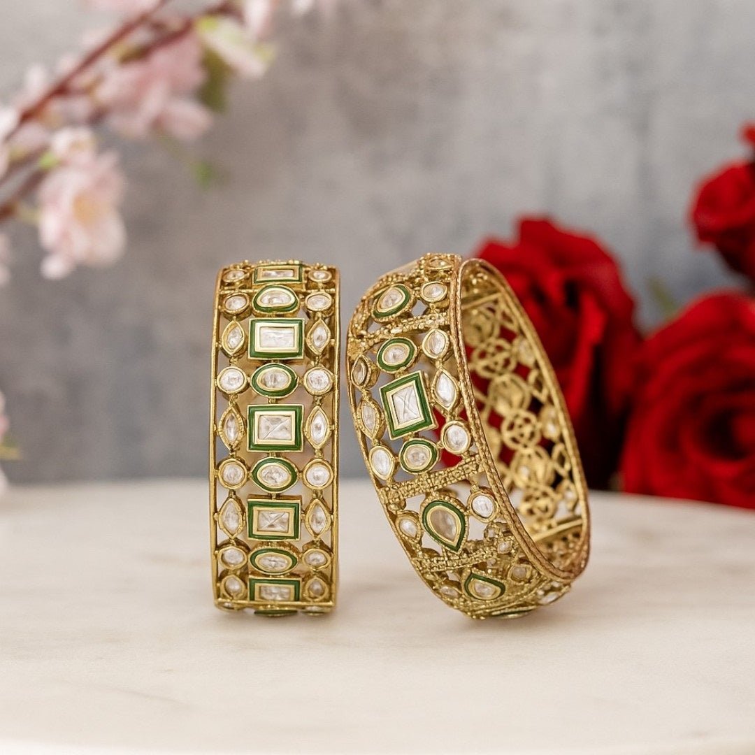 Gold - Plated Green & White Kundan Bangles with Geometric Detailing - Auraa Trends - Bangles - - Auraa Trends - Traditional gold - plated green and white kundan bangles with square and oval stone design, displayed on white background.β