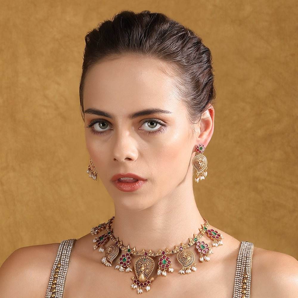 Gold-Plated Handcrafted Choker Necklace Set - Auraa Trends