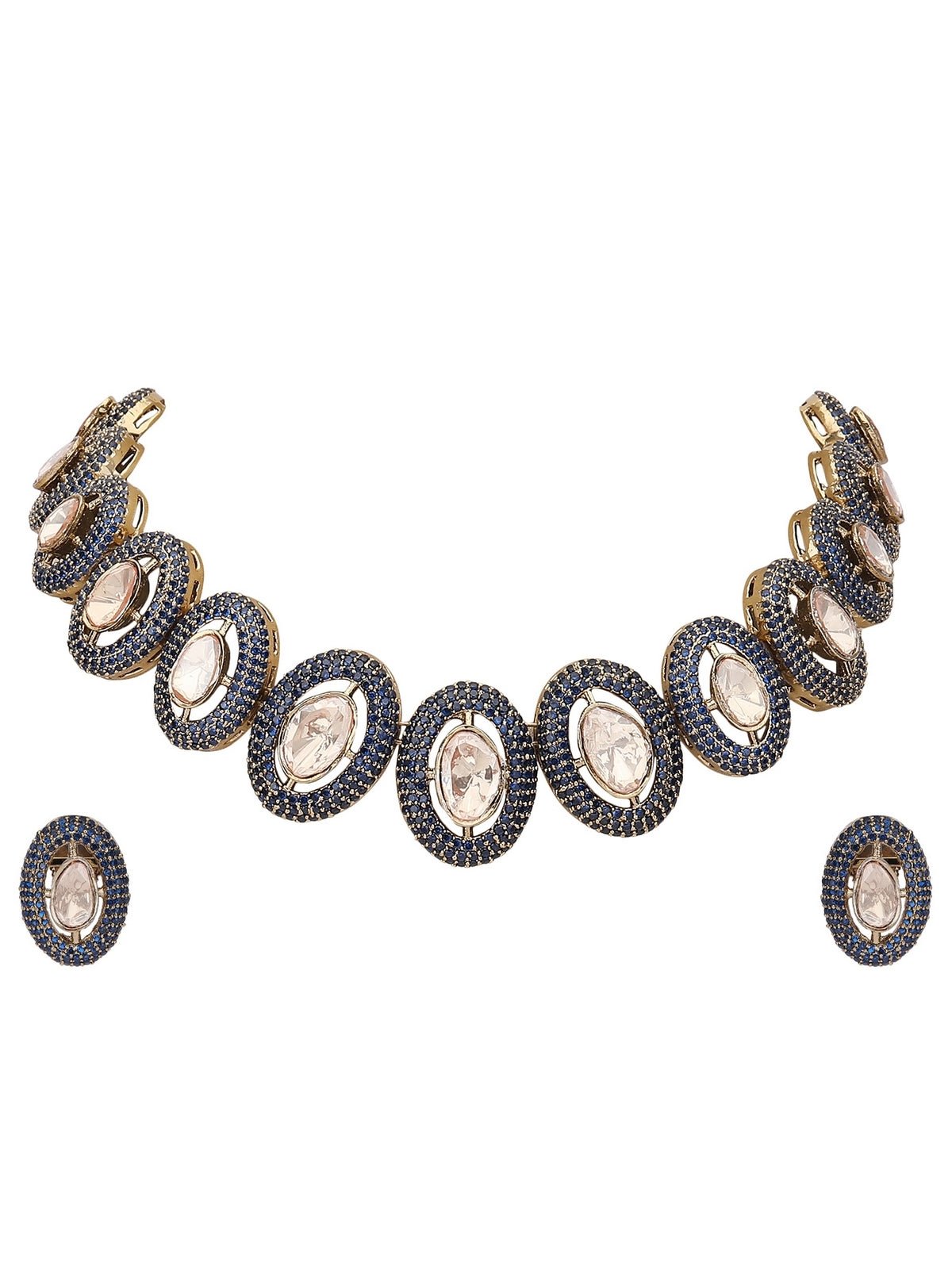 Gold-Plated Handcrafted Choker Necklace Set with Blue Crystal Accents - Auraa Trends - choker - Choker choker set for women